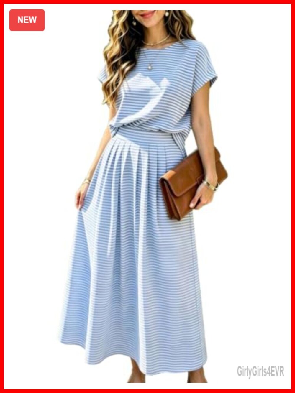 Women's Cotton Blend Striped 2 Piece Outfit Crop Top Midi Skirt Set